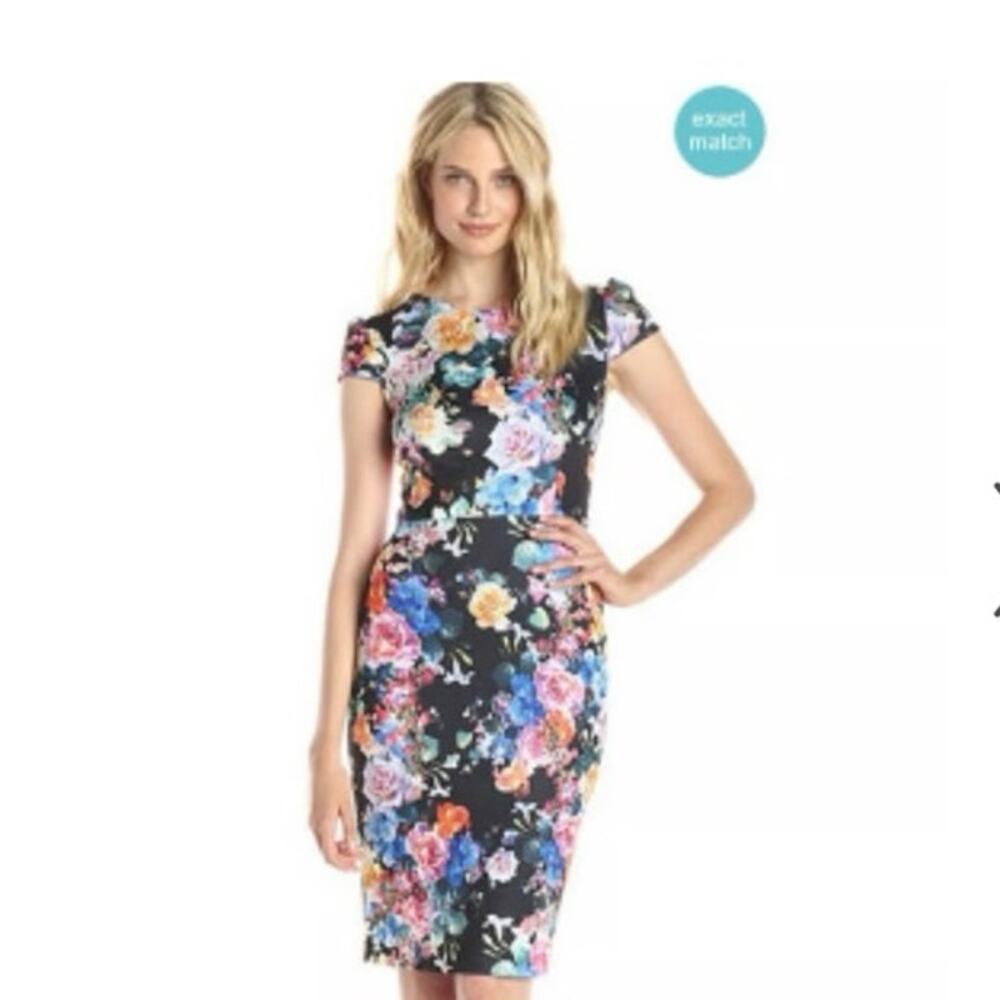 Betsey Johnson Black Floral Sheath Dress Cap Sleeves Women’s‎ Size 2